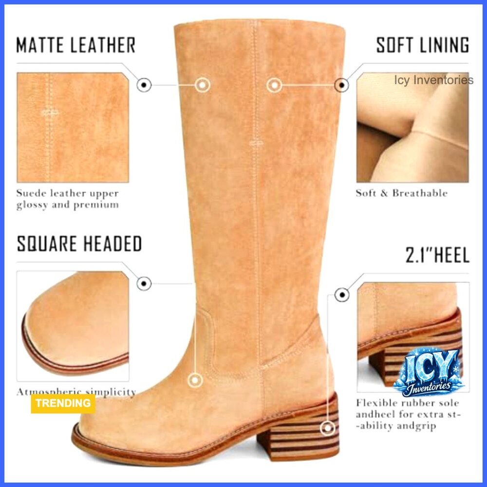 Knee High Boots Square Toe Chunky Block Heel Pull On Biker Riding Boots - Picture 4 of 7